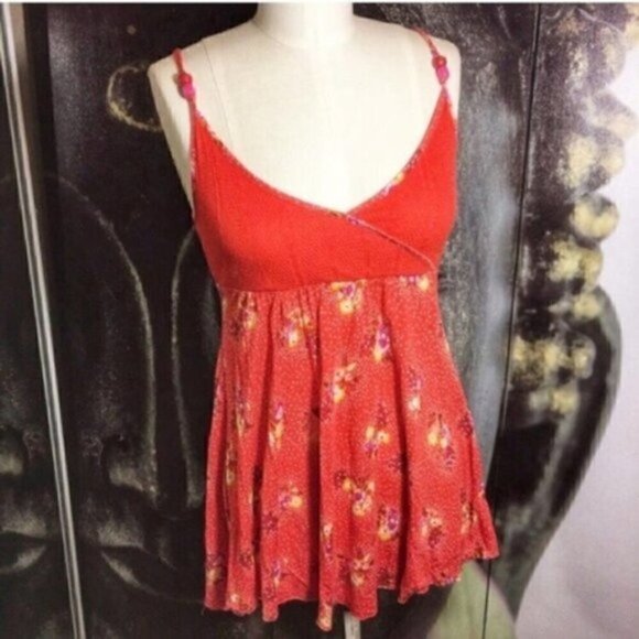 Free People Tank Top XS Orange Crepe Bohemian Floral Summer Beach Boho Cali - Picture 1 of 8